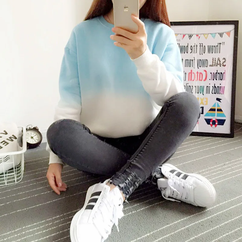 2016 New Spring Autumn Harajuku Hoodies Thick Fleece Gradient Color Loose Casual Sweatshirt Women Sweatshirts Tracksuit Moletom