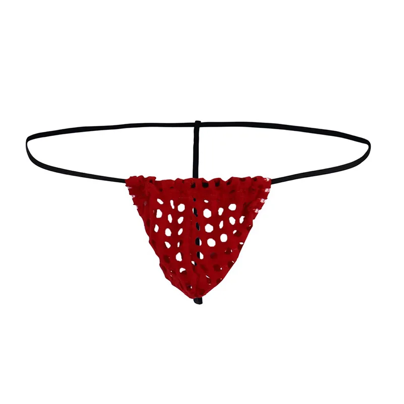 Pure Color Sexy Low Waist Breathable Hollow Out Men's T-Strings Thongs Male Erotic Lingerie Jockstrap Crotch Yin Meridians Bag - Цвет: Red