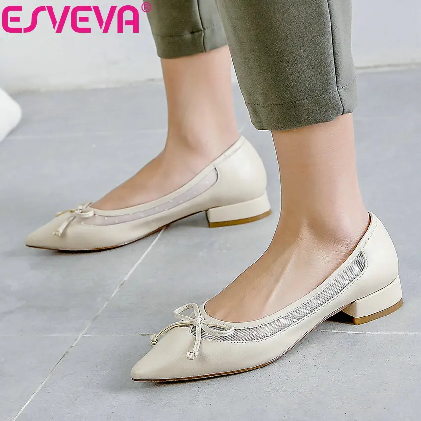 

ESVEVA 2019 Women Pumps Slip on PU Shoes Square Low Heels Sandals Shallow Spring Autumn Pointed Toe Elegant Women Shoes 34-39
