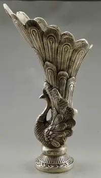 

Collectible chinese Old Handwork Tibet Silver Carved Big Peacock Vase