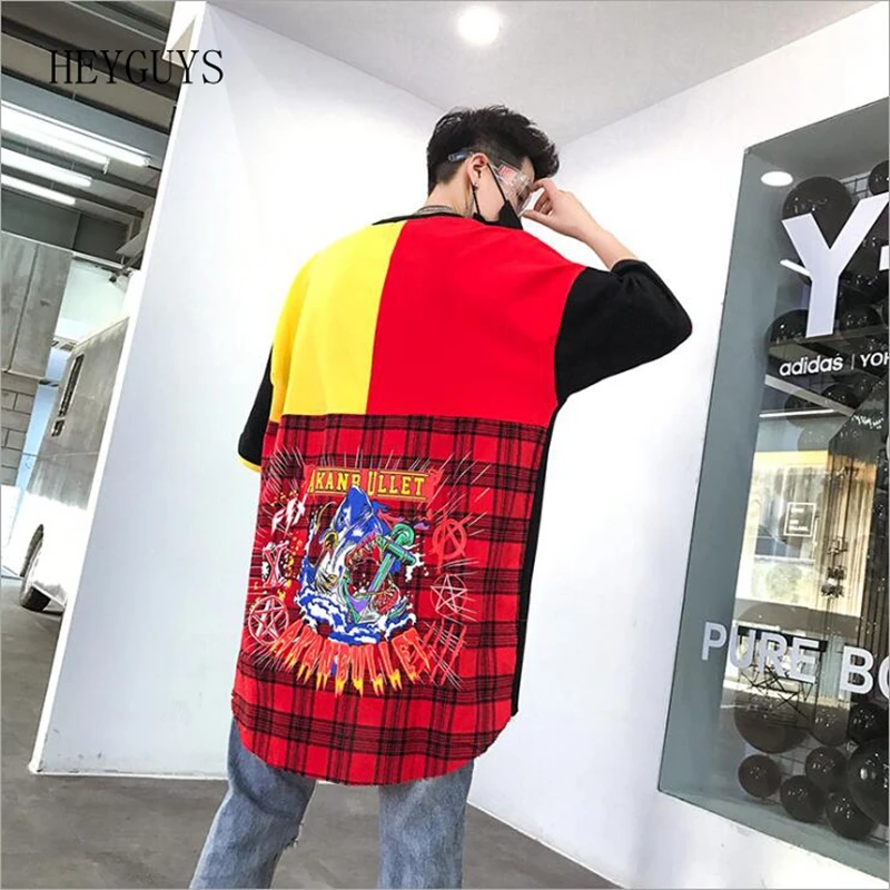 

HEYGUYS Men Women High Street Fashion Hip Hop Casual Loose T-shirt Male Striped Splice Short Sleeve Tee Shirs S M L XL XXL
