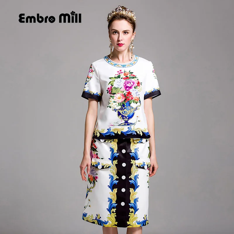 High end mulheres verão definir desfile de moda de luxo Europeu cópia branca camisa top + floral A line saia senhora 2 peças terno S XL