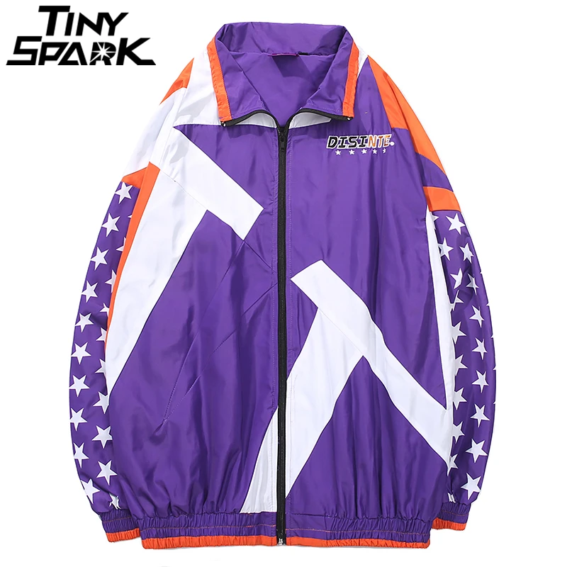 

Mens Hip Hop Jackets Windbreaker Oversized Vintage Embroidery Jacket Coat Streetwear Casual Purple Star Track Jacket Autumn 2018