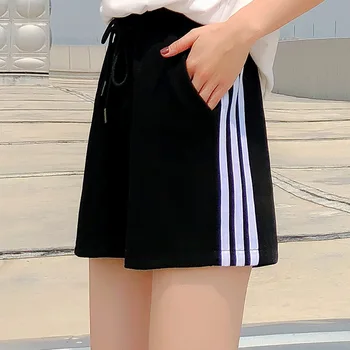 

Three bar cotton women's shorts patchwork striped school uniform students style loose casual wide leg high waist SYQ001