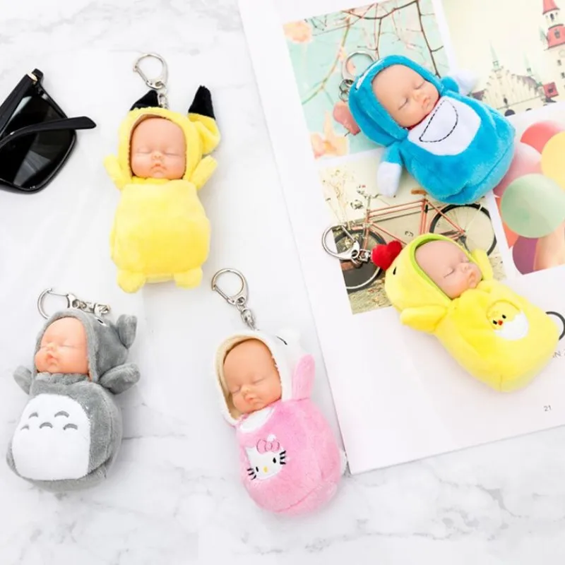 

Sleeping Baby Doll Keychain Pompom Rabbit Fur Ball Key Chain Car Keyring Women Key Holder Bag Pendant Charm Accessories