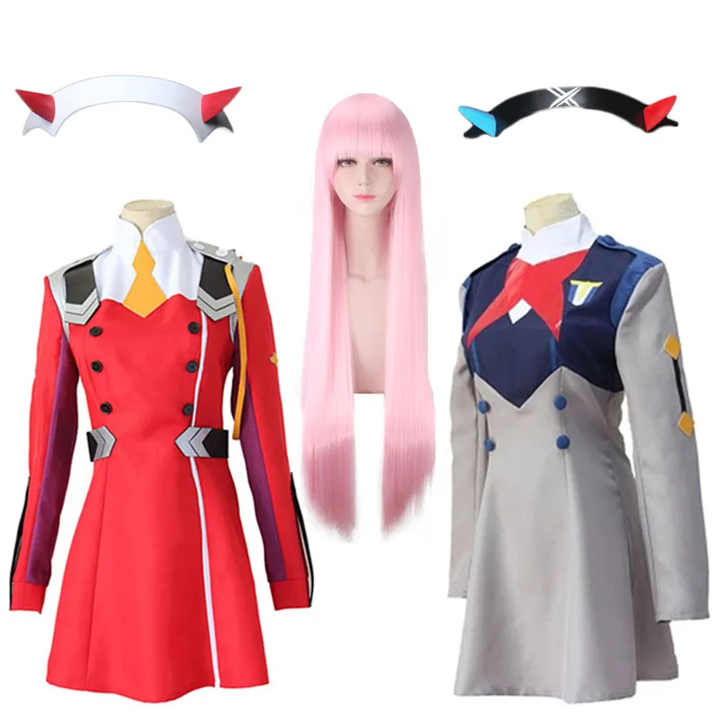 

Anime Cosplay Costume DARLING in the FRANXX Code002 short Skirt Uniform Pink Wig Devil Horn Headdress