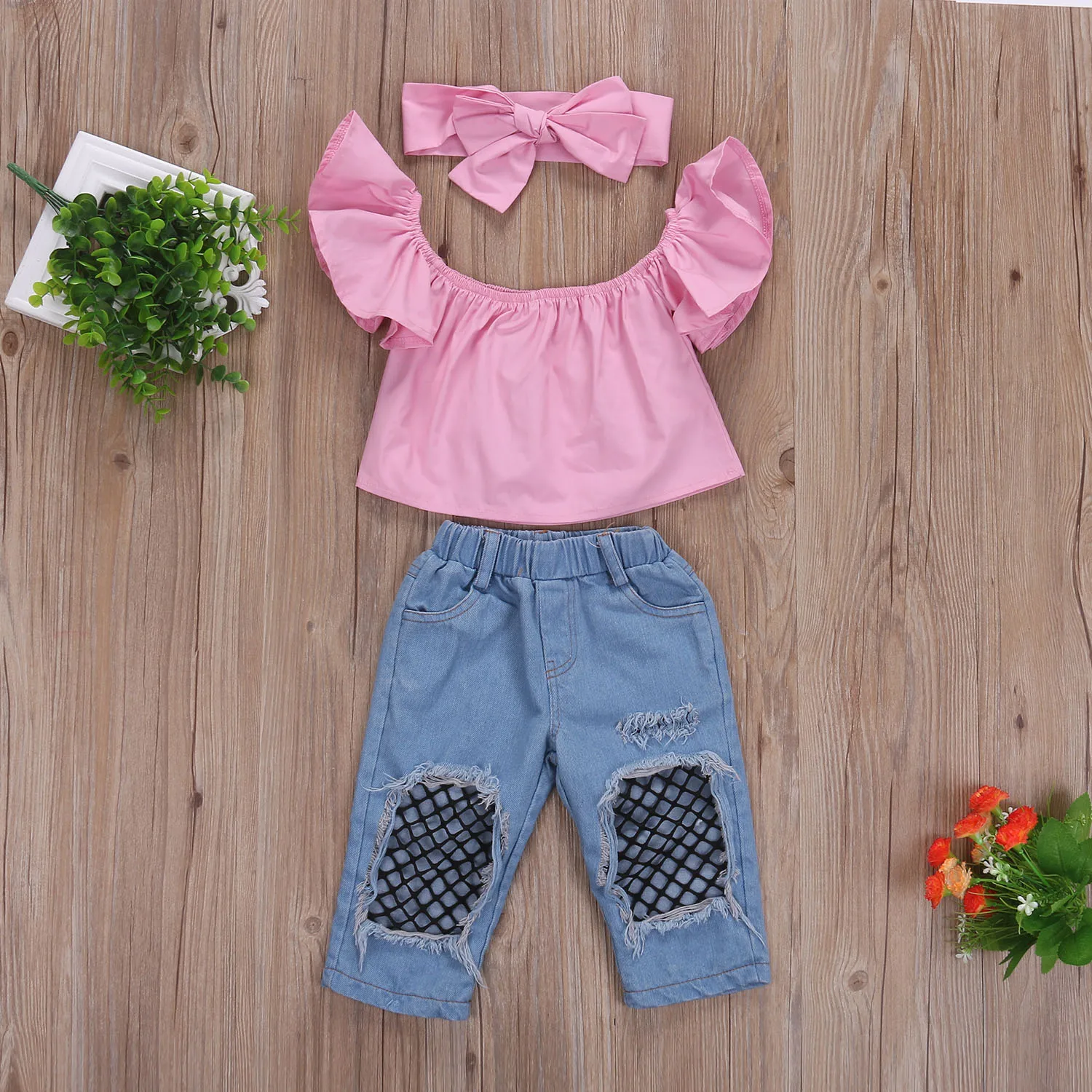 Kids Clothing Set Girls Clothing Set 3PCS Baby Girl Outfits Off Shoulder Tops Denim Fishnet Pants For 0-6Y