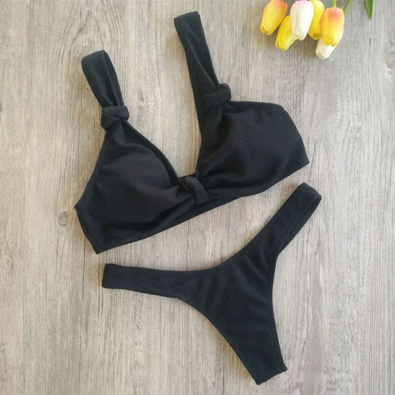 

Swimwear Women Black White Padded Bra Bandage Swimsuit Push-up Crop Top Ladies Bikini Set Low Waist Biquini Beachwear