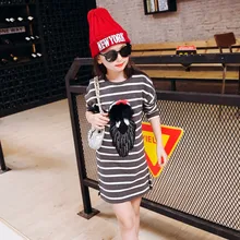 Autumn New Korean Girls Wear Striped Bottoming T-shirt Children Kids Clothing Grey Black Cotton Cartoon Printing