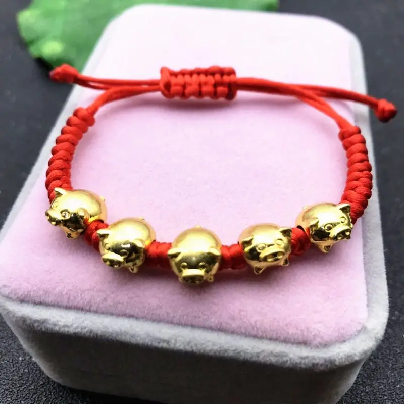 

Handmade Red String Braided Golden Five Pig Bracelets Lucky Kabbalah Jewelry