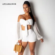 Женский комплект из двух предметов ANJAMANOR, неоновый, зеленый, оранжевый, белый, с сеточкой, для пляжной вечеринки, Клубная одежда, Женский комп...(China)