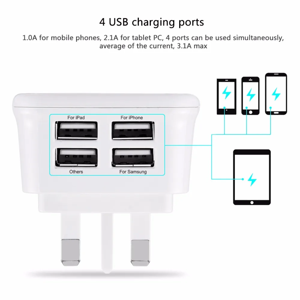 العالمي 5 فولت 3.1A الهاتف شاحن 4 منفذ usb المملكة المتحدة التوصيل الجدار شاحن ل فون X 7 سامسونج S9 Xiaomi huawei أقراص شواحن العالمي 5 فولت 3.1A الهاتف شاحن 4 منفذ usb المملكة المتحدة التوصيل الجدار شاحن ل فون X 7 سامسونج S9 Xiaomi huawei أقراص شواحن