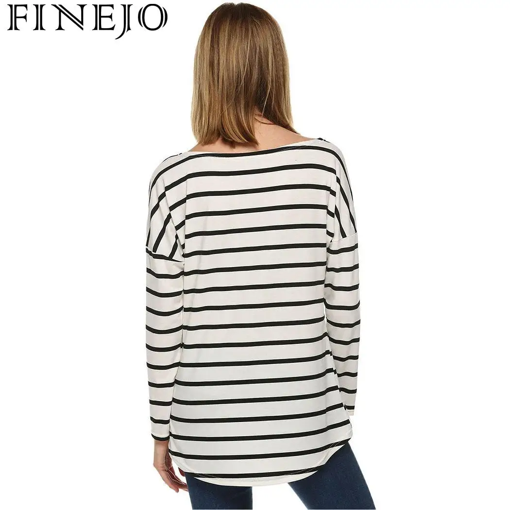 FINEJO Casual Female Shirt 2018 Women Top shirt Autumn Spring T-shirt Loose Striped O-Neck Long Sleeve Leisure Women T-shirts Tops