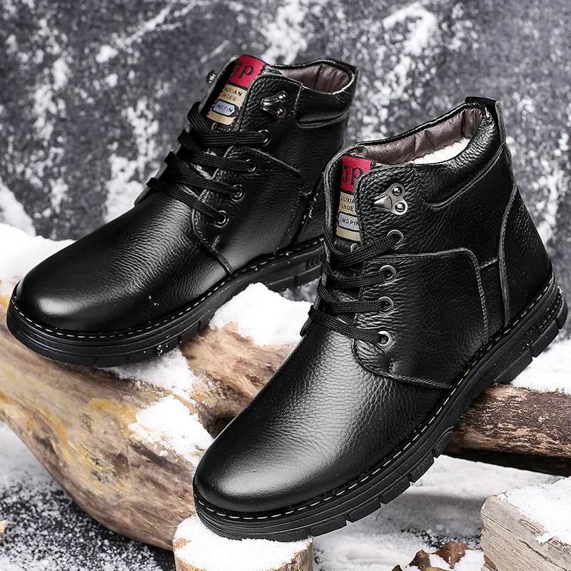 

Dwayne winter new men's genuine leather boots plush warm snow boots thick bottom plus cotton men's boots middle-aged shoes