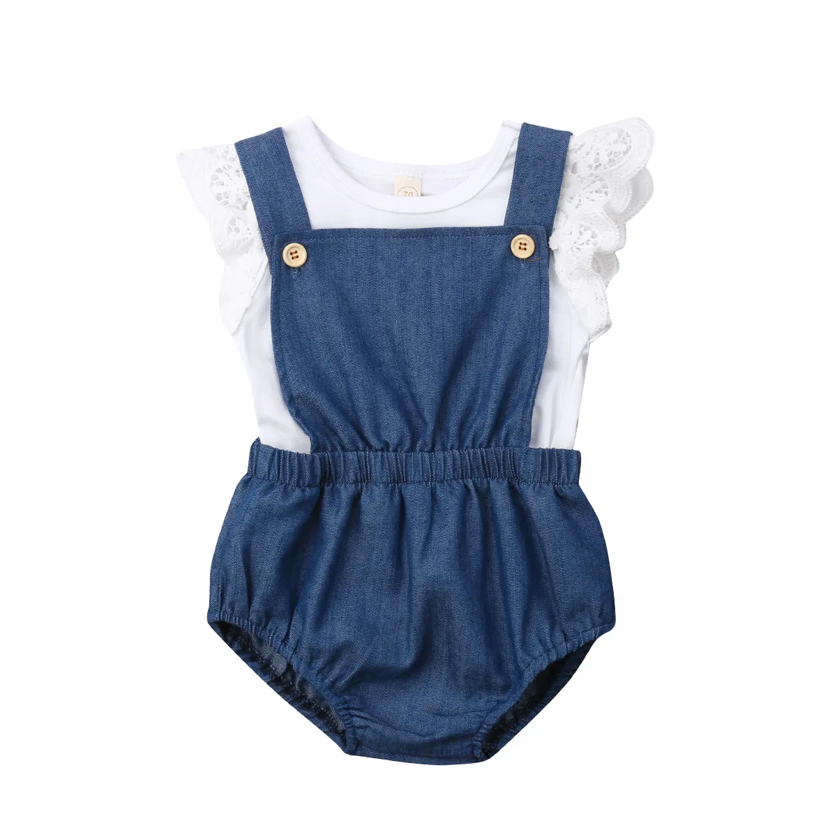 

Infant Baby Girls Lace Ruffle Sleeve T Shirt Top + Demin Backless Romper Bodysuit Jumpsuit Sunsuit Outfits Set 0-24 Months