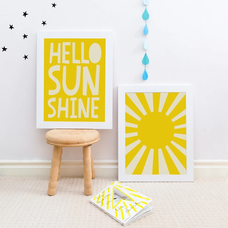 Постер для детской комнаты с принтом желтого цвета Hello Sun Shine Цитата настенная