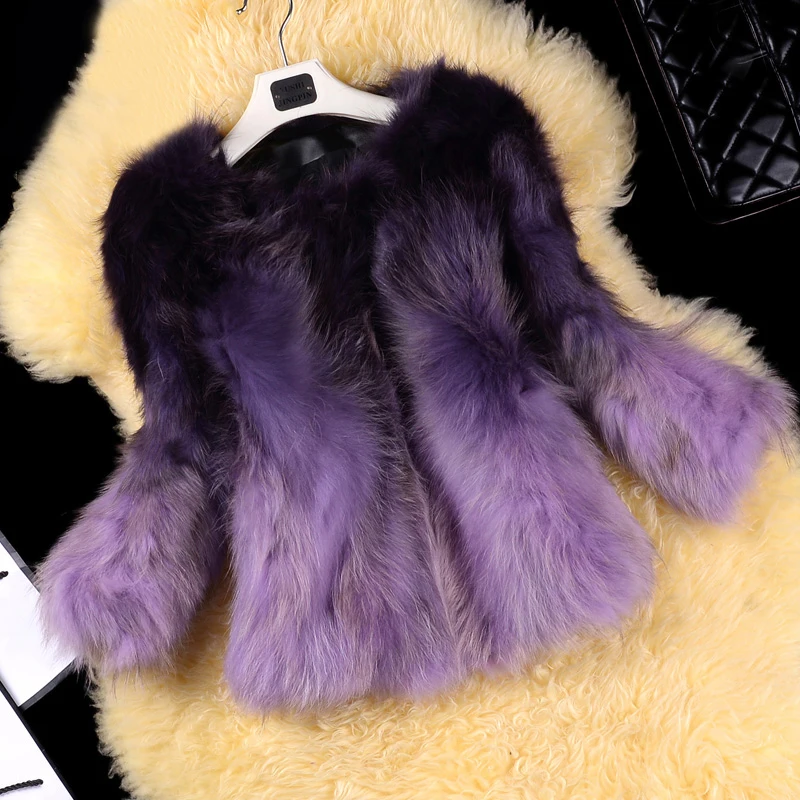 Gradual Color Natural Raccoon Dog Fur Coats Outerwear Women O neck 3/4