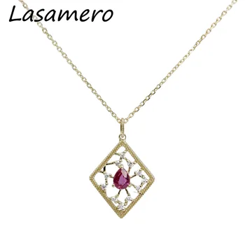 شراءLasamero الكمثرى قص 0.46CT ارتفع الذهب الحديثة نمط الماس الطبيعي روبي القلائد 18 كيلو لهجات قلادة قلادة سلسلة