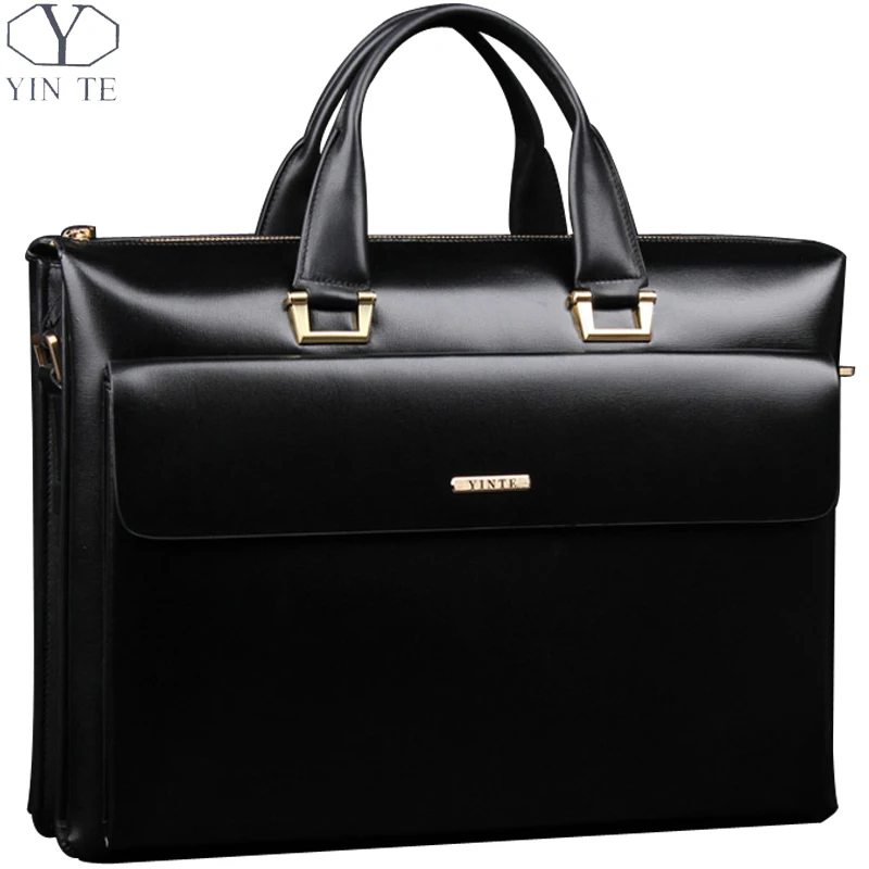  YINTE Leather Men's Briefcase Business Men Black Handbag High Quality Messenger 14inch Laptop Bag Men's Totes Portfolio T8182-3 