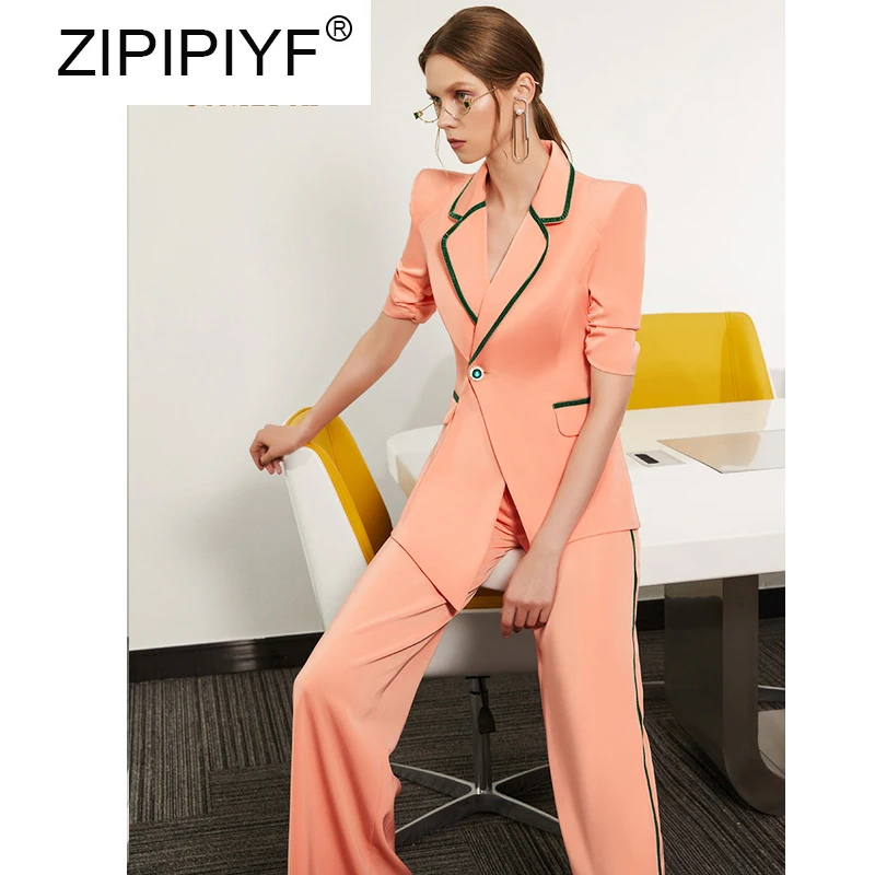 

OL Professional Suit Sets Shoulder Pads Short Sleeves Single Button Asymmetric Blazer +Wide Leg Pants Two Pieces Sets C1764