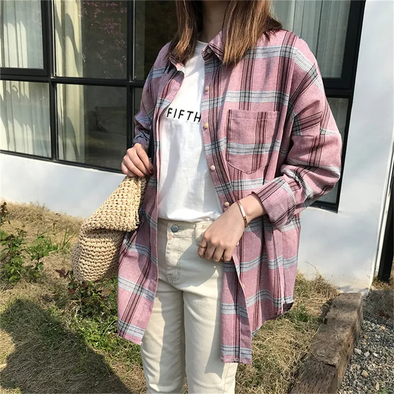 Pink women plaid blouse shirt 2019 SpringWomen Office Air Conditioner Blouse Shirt Female Loose Outerwear Casual Pocket Shirts (35)