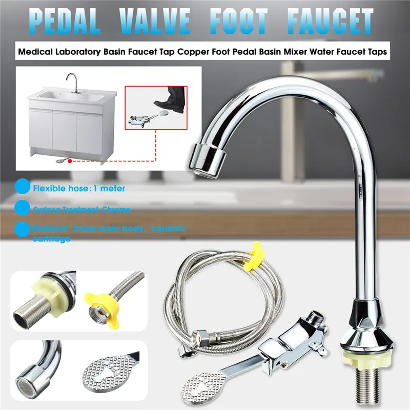 

Bathroom Medical Laboratory Basin Faucet Tap Copper Foot Pedal Basin Mixer Water Faucet Taps With 1m Hose Single Cold Faucet