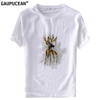 

Linen Cotton Cool Breathable Anti-static Men T Shirt Short Sleeve Deer embroidery Casual White O-neck Quality Man T-shirts