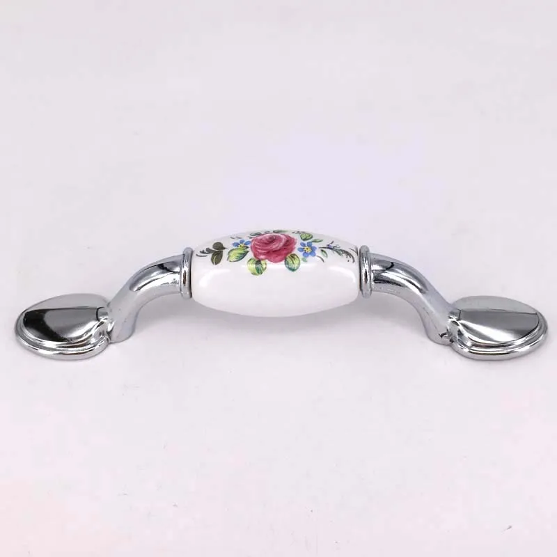 Cc 76mm Ceramic Door Handle Silver Drawer Pulls Flower Cupboard