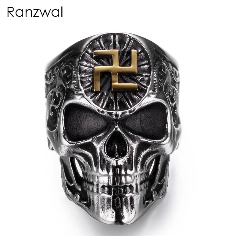 Ranzwal Punk Rock Men Stainless Steel Skull Ring Gothic Buddhist Word Swastika Skeleton Ring Vintage Jewelry US SIZE 8~13 MRI042