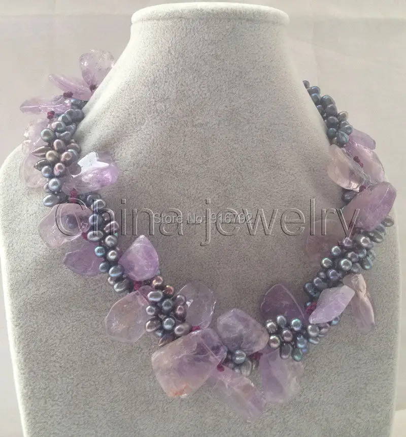

Wholesale >>>18" 4row 8-18mm black baroque rice freshwater pearl + amethyst necklace