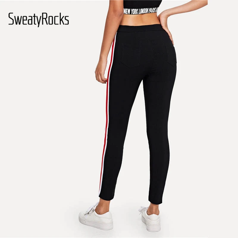 SweatyRocks, полосатые джинсы с лентой сбоку, уличная одежда, черные эластичные джинсовые штаны с высокой талией, весенние прямые женские обтягивающие джинсы