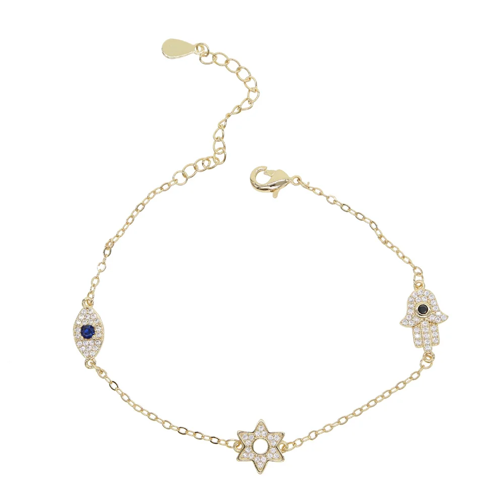

Eye Star Moon Hamsa hand lucky charms Crystal Gem Shiny Gold Chain Bracelet Women Exquisite Party Jewelry