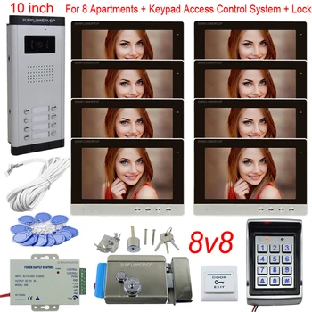 

Wired Video Door Entry 8 Units 10" Color Monitor Intercom With Camera With Lock + Access Control System Rifd Password Unlock