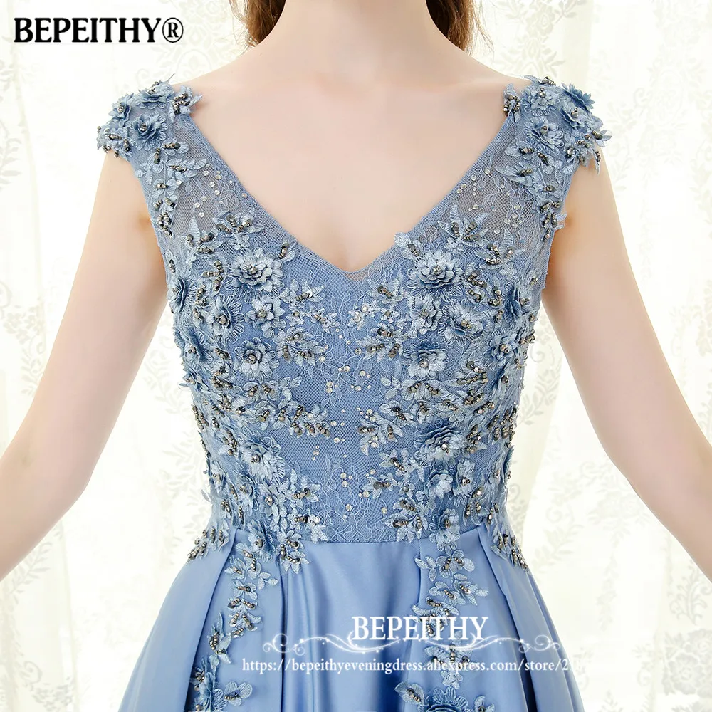 BEPEITHY Голубое Кружевное длинное вечернее платье V шеи vestido de festa на заказ Элегантные вышитые бисером вечерние платья на выпускной Robe De Soiree