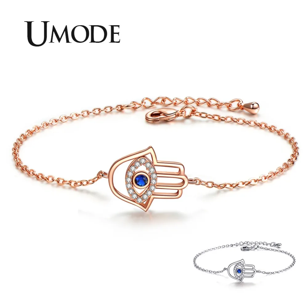 

UMODE Women Lucky Blue Evil Eye Hamsa Hand Bracelets Cubic Zircon Link Chain Bracelets Silver Jewelry Accessories Gifts UB0162