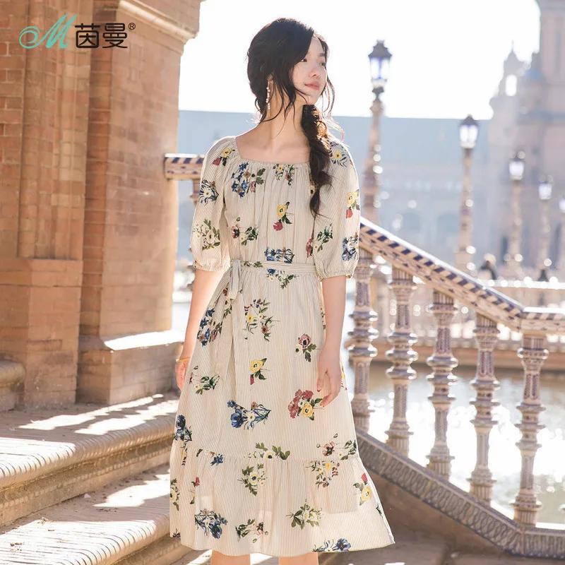 INMAN Summer Holiday Elegant Dress Romantic Style Slash Collar Women Ladies Half Sleeve Mid Calf Floral Dress INMAN Summer Holiday Elegant Dress Romantic Style Slash Collar Women Ladies Half Sleeve Mid Calf Floral Dress