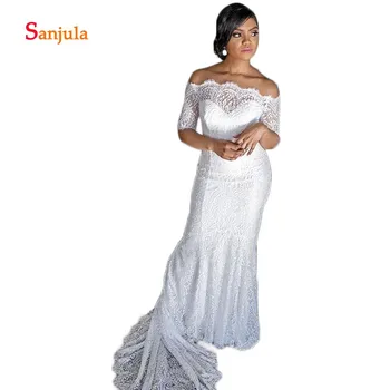 

Boat Neck Half Sleeve Lace Bridal Wedding Dresses 2019 Off the Shoulder Beaded Sheath Country Wedding Gowns suknia slubna D716