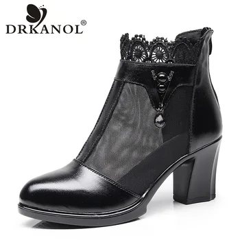

DRKANOL Women High Heel Sandals Summer 2019 Fashion Black Round Toe Genuine Leather Air Mesh Thick Heel Sandals Woman Shoes