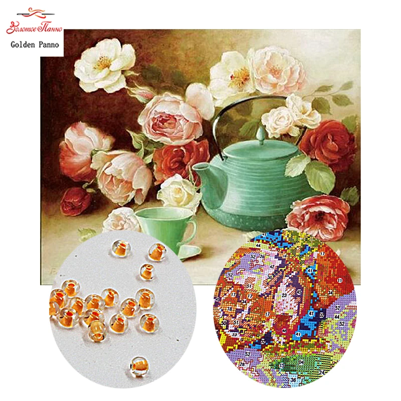 

Golden Panno,Needlework,DIY,beads,Cross stitch,Embroidery stitch,Precise Printed painting,plant Pattern, Cup and flower