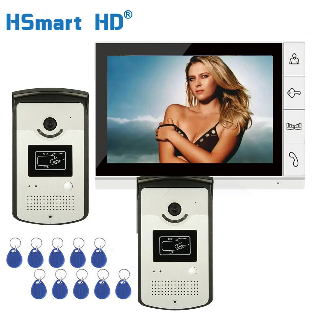 Wired 9\ Color Video Door Phone Video Intercom Doorbell System 1 Monitor 2 RFID Camera Waterproof Outdoor