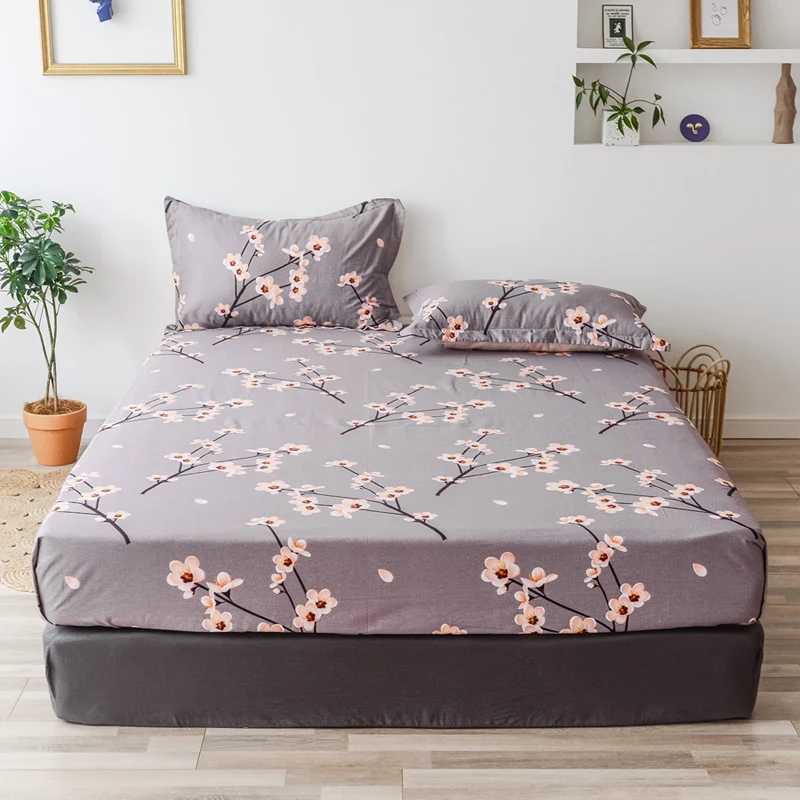 

100% Cotton Sateen Weave Twin Queen Fitted Sheet with Elastic All Around Fits Mattress Vibrant Floral Leaves printed Bed sheet