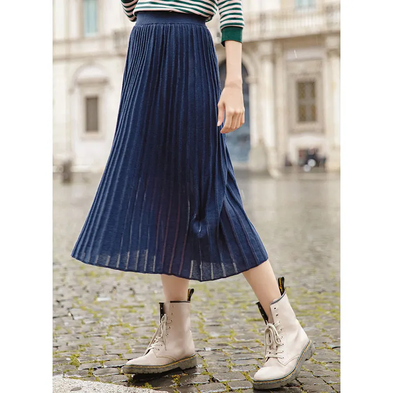 

INMAN 2019 Spring Solid Color Causal Retro Style Elastic Pleated Women Mid Calf Skirt
