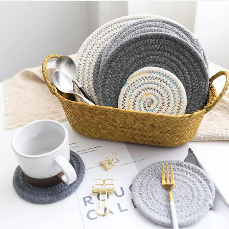 

Artificial Handmade Weaving Placemat Japanese Style Cotton Thread Dining Room Table Dish Cup Teapot Natural Classical Mat