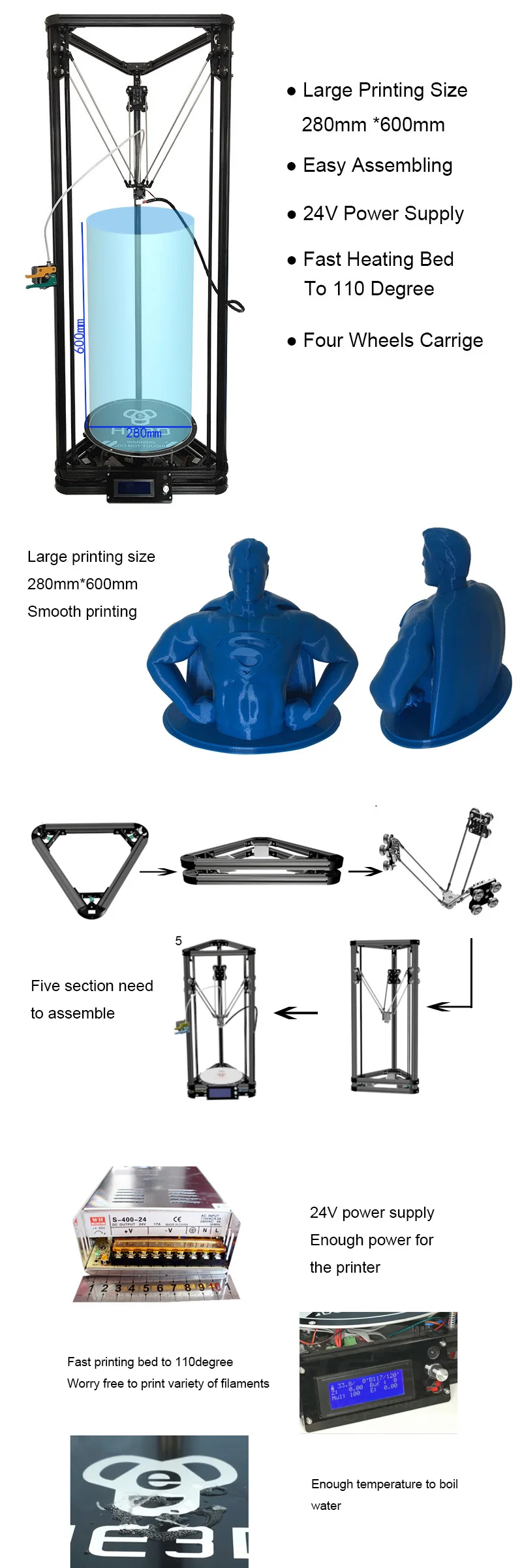 He3D большой размер печати reprap автоматический уровень K280 delta 3d принтер комплект один металлический экструдер и тепло кровать поддержка мульти материал