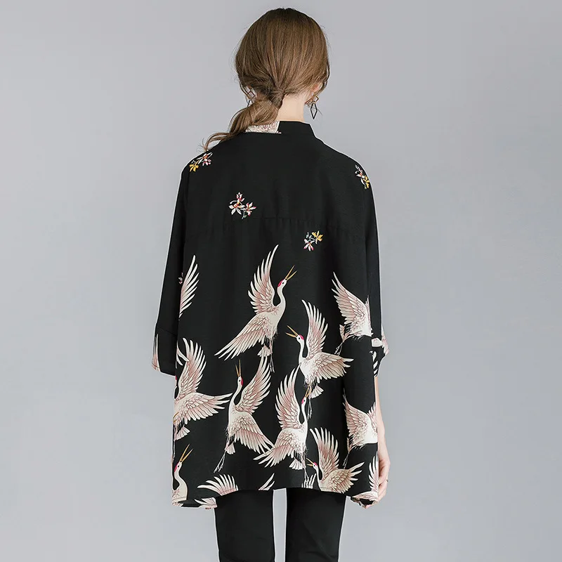 [EAM] Новинка, осенне-зимняя рубашка со стоячим воротником, длинным рукавом, с принтом, свободная, большого размера, женская блузка, модная, Tide JO391