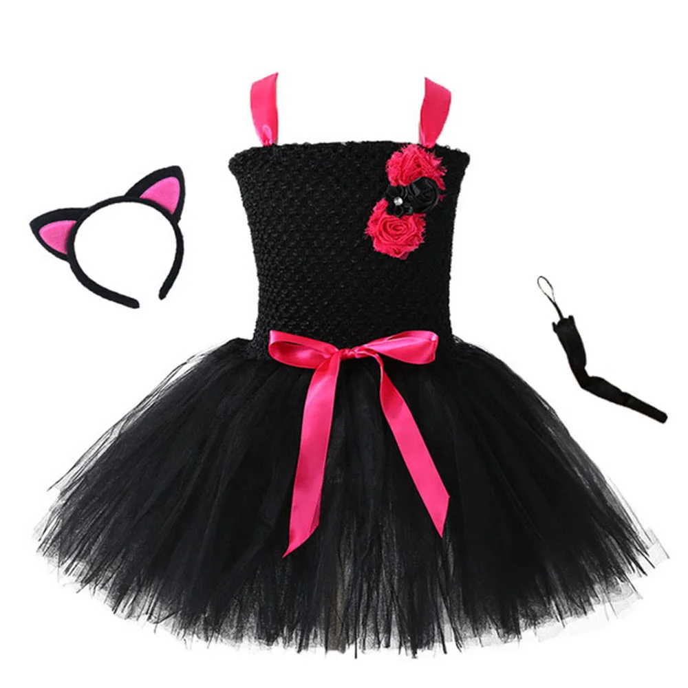 

Kids Kitten Tutu Dress Vestido Children Halloween Cosplay Dress for Christmas Birthday Party Costume Set with Headband Cat Tail