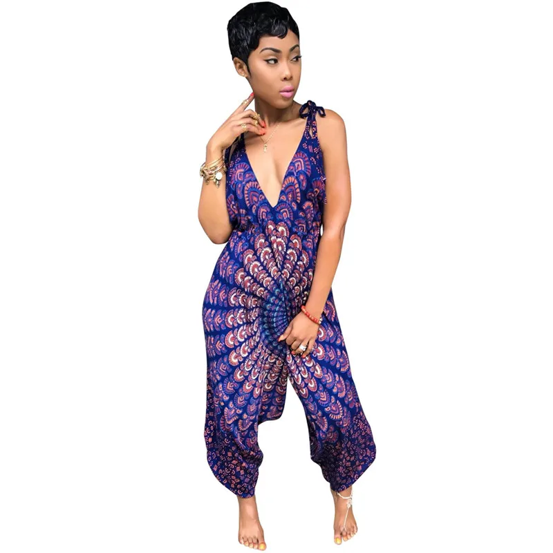 Echoine Women Jumpsuit National Style Print Sexy V-Neck Halter Backless Spaghetti Strap Sleeveless Loose Long Pant Female Romper Echoine Women Jumpsuit National Style Print Sexy V-Neck Halter Backless Spaghetti Strap Sleeveless Loose Long Pant Female Romper
