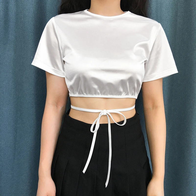 Waatfaak пятнистая однотонная белая обрезная футболка со шнуровкой Повседневная Базовая футболка женская летняя Kawaii винтажная женская рубашка Harajuku топы