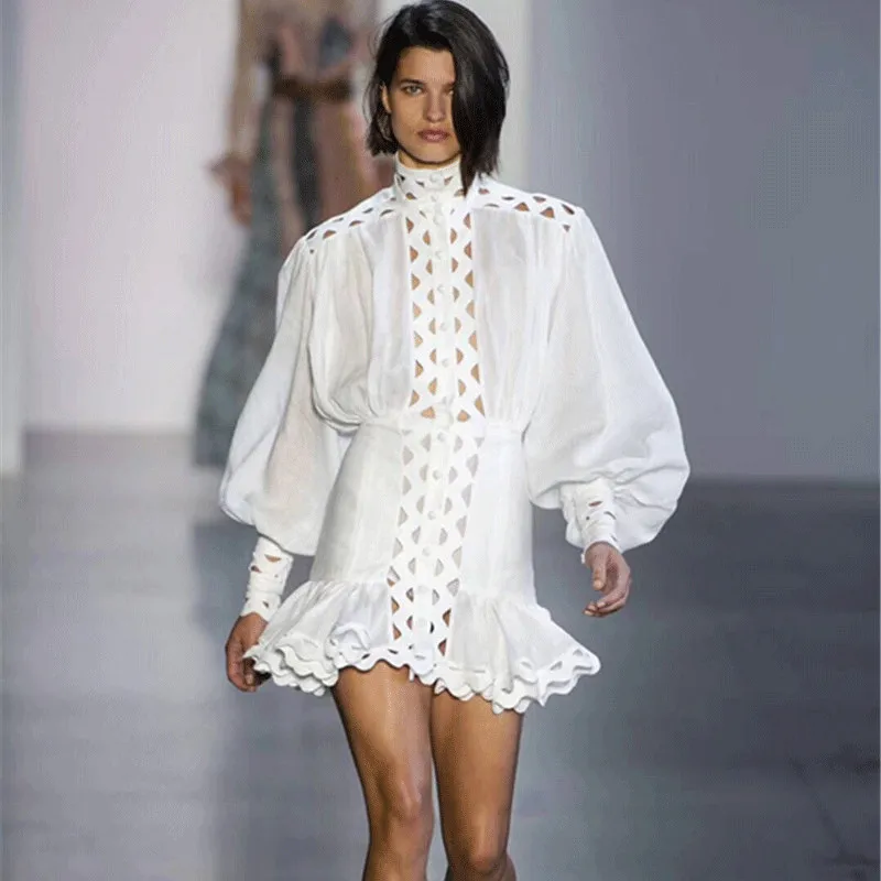 

High Quality 2018 White Hollow Out Elegant Defined Waist Women Mini Dress