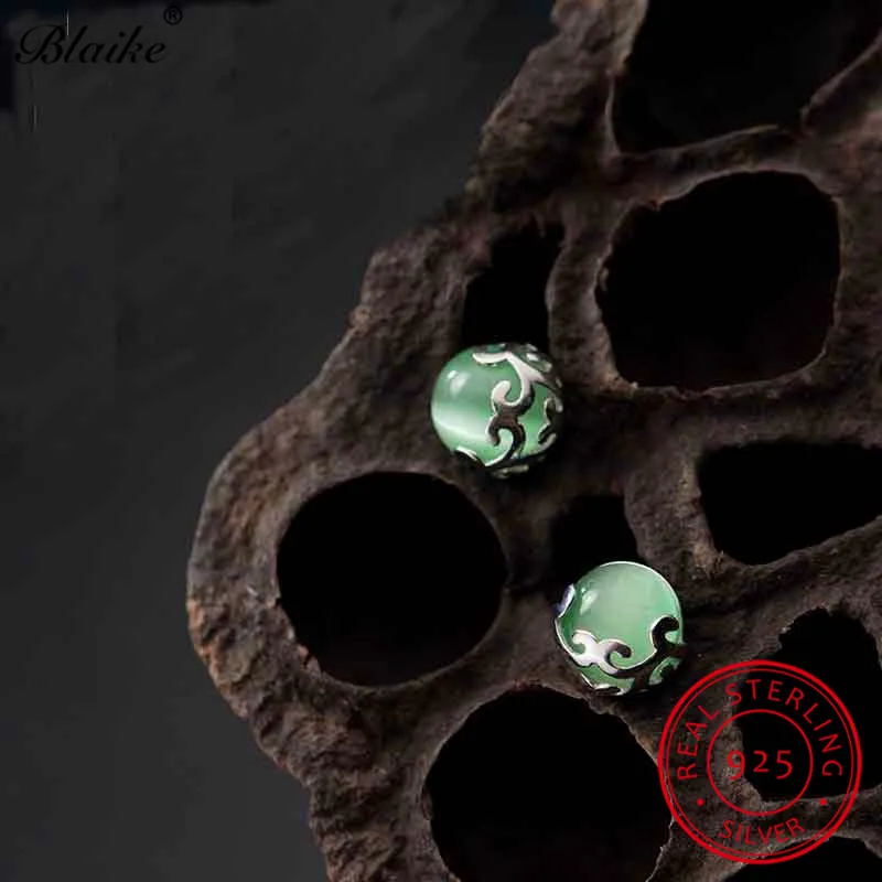 Blaike, настоящее 925 пробы, серебряные круглые серьги-гвоздики с зеленым опалом для женщин, волнистые серьги из лунного камня, женские свадебные серьги-гвоздики